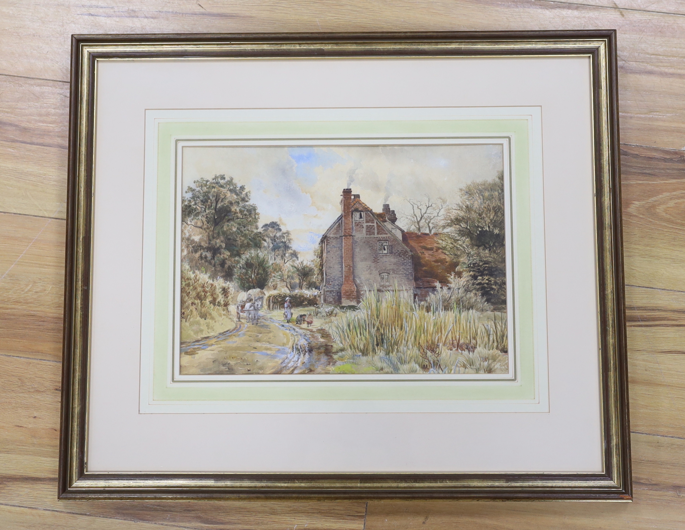 19th century English School, watercolour, Horse, cart and figures by a farmhouse, 25 x 35cm